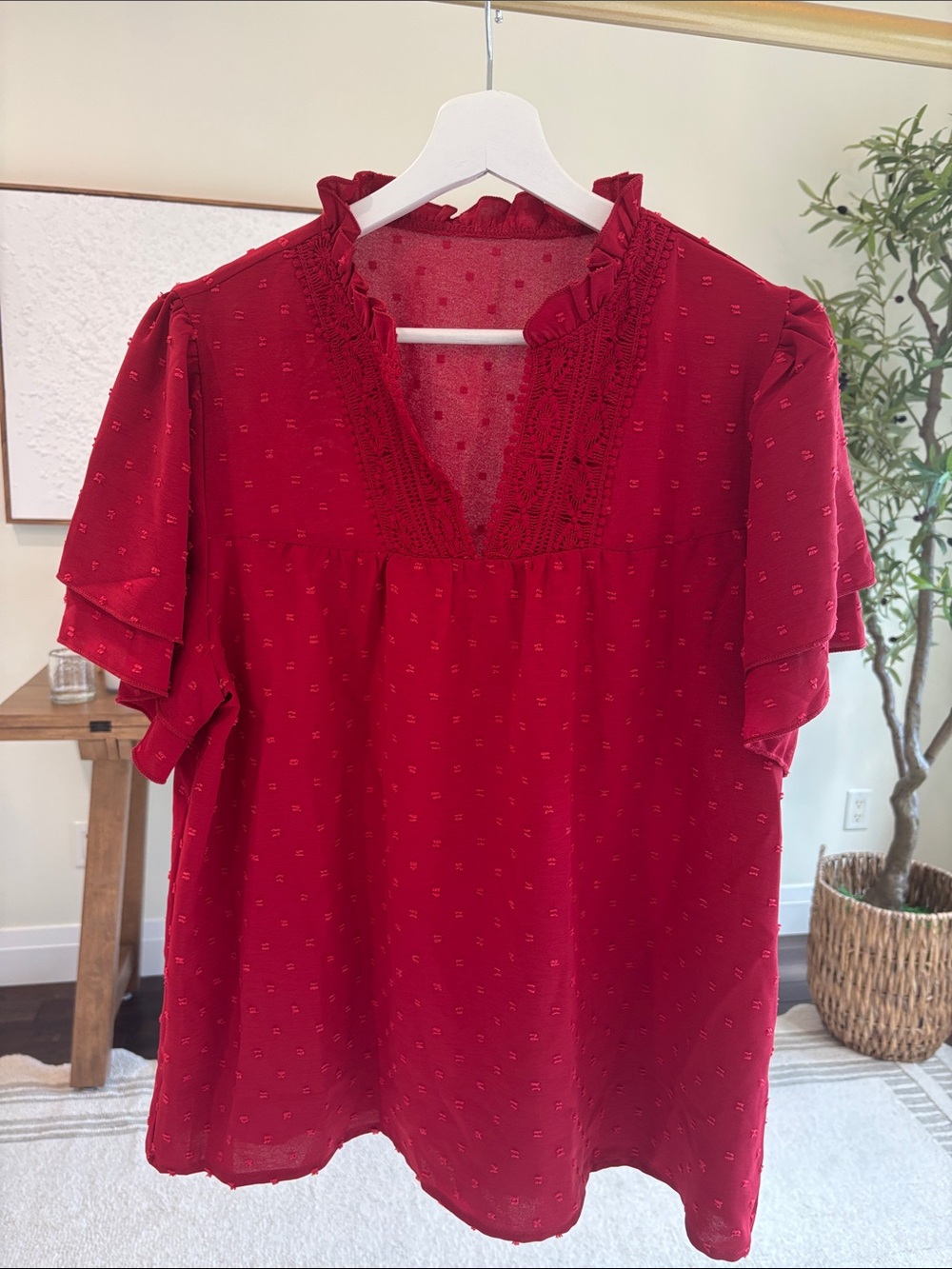 Amazon Women's Deep Red Ruffle V-Neck Blouse